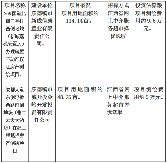 景德鎮(zhèn)市206國道北側(cè)二亭村西側(cè)地塊（新城嘉苑安置房）辦理房屋不動產(chǎn)權(quán)證房產(chǎn)測繪項(xiàng)目、瓷都大道東側(cè)浮橋西路南側(cè)地塊（格蘭云天大酒店）在建工程抵押房產(chǎn)測繪項(xiàng)目計(jì)劃公告