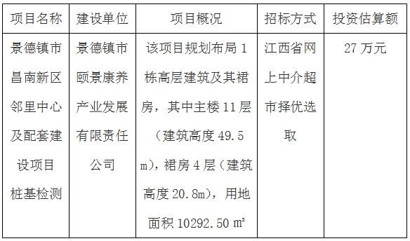 景德鎮(zhèn)市昌南新區(qū)鄰里中心及配套建設項目樁基檢測招標計劃公告