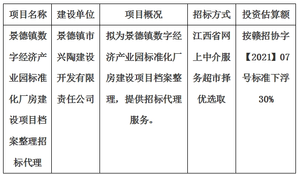 景德鎮(zhèn)數(shù)字經(jīng)濟產(chǎn)業(yè)園標準化廠房建設項目檔案整理招標代理計劃公告