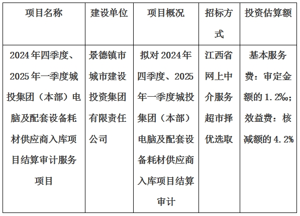 2024年四季度、2025年一季度城投集團(tuán)（本部）電腦及配套設(shè)備耗材供應(yīng)商入庫(kù)項(xiàng)目結(jié)算審計(jì)服務(wù)項(xiàng)目計(jì)劃公告